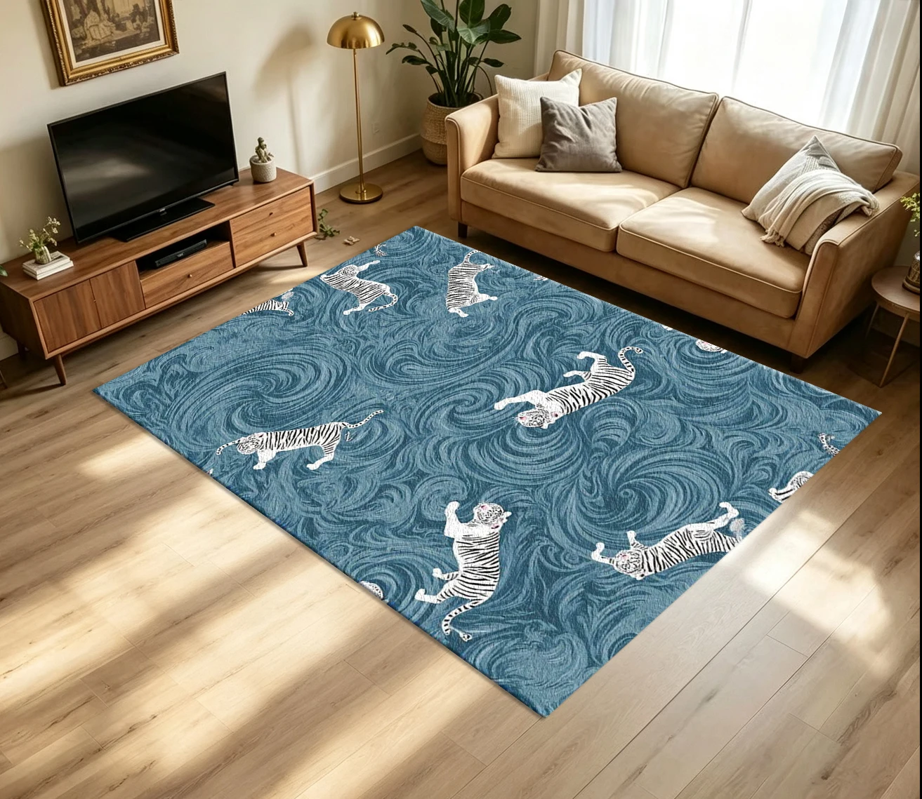 White Tiger Wave Carpet Flooring Oriental Style White Striped Animal Swirl Blue Background Seamless Art Pattern Printed Floor Rug for Household Indoor Unique Home Interior Decor