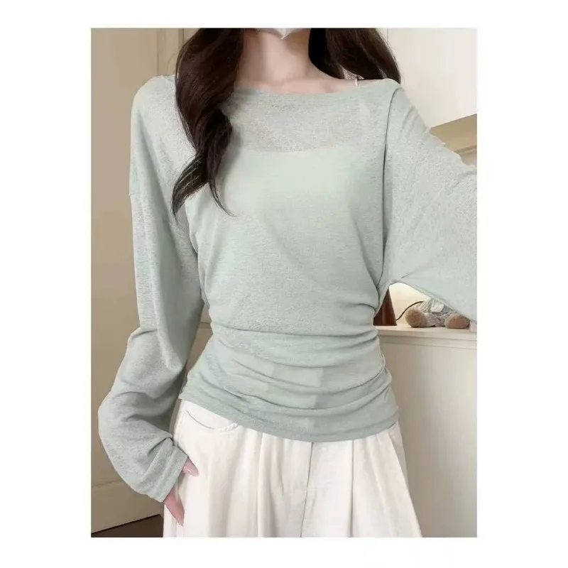 Camiseta de Manga Longa Estilo Coreano para Mulheres, com Laço na Cintura, Solta, com Proteção Solar, Blusa Transparente, Tops Casuais de Verão