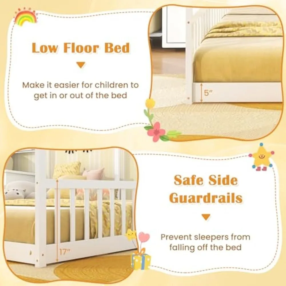 Giantex Letti matrimoniali da pavimento per 2 bambini, Letto Montessori in legno con recinzione e tetto, supporto a doghe in legno, facile da montare, senza scatola Spr