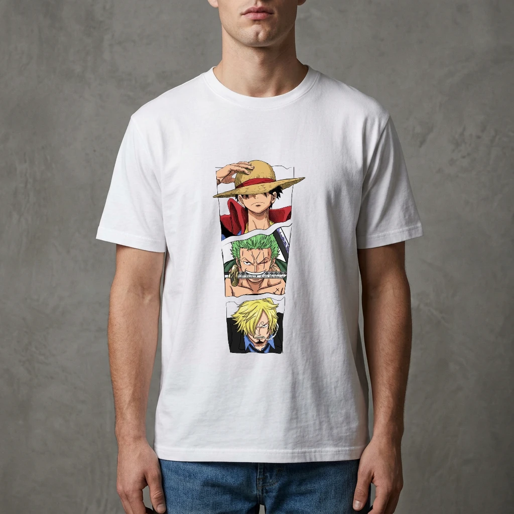 

Летняя свободная дышащая футболка унисекс с классическим графическим принтом «Трио Луффи, Зоро, Санджи» для повседневной носки и шопинга