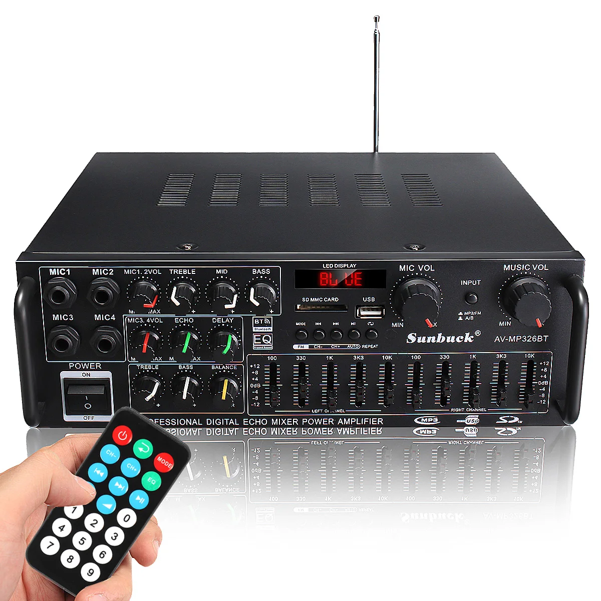 200W 5.0 Bluetooth 2 Channel Audio Power HiFi Amplifier 326BT 12V/220V AV Amp Speaker with Remote Control 4 Micro for Car Home