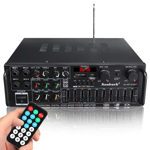 200W 5.0 bluetooth 2 Channel Audio Power HiFi Amplifier 326BT 12V/220V AV Amp Speaker with Remote Control 4 Micro for Car Home