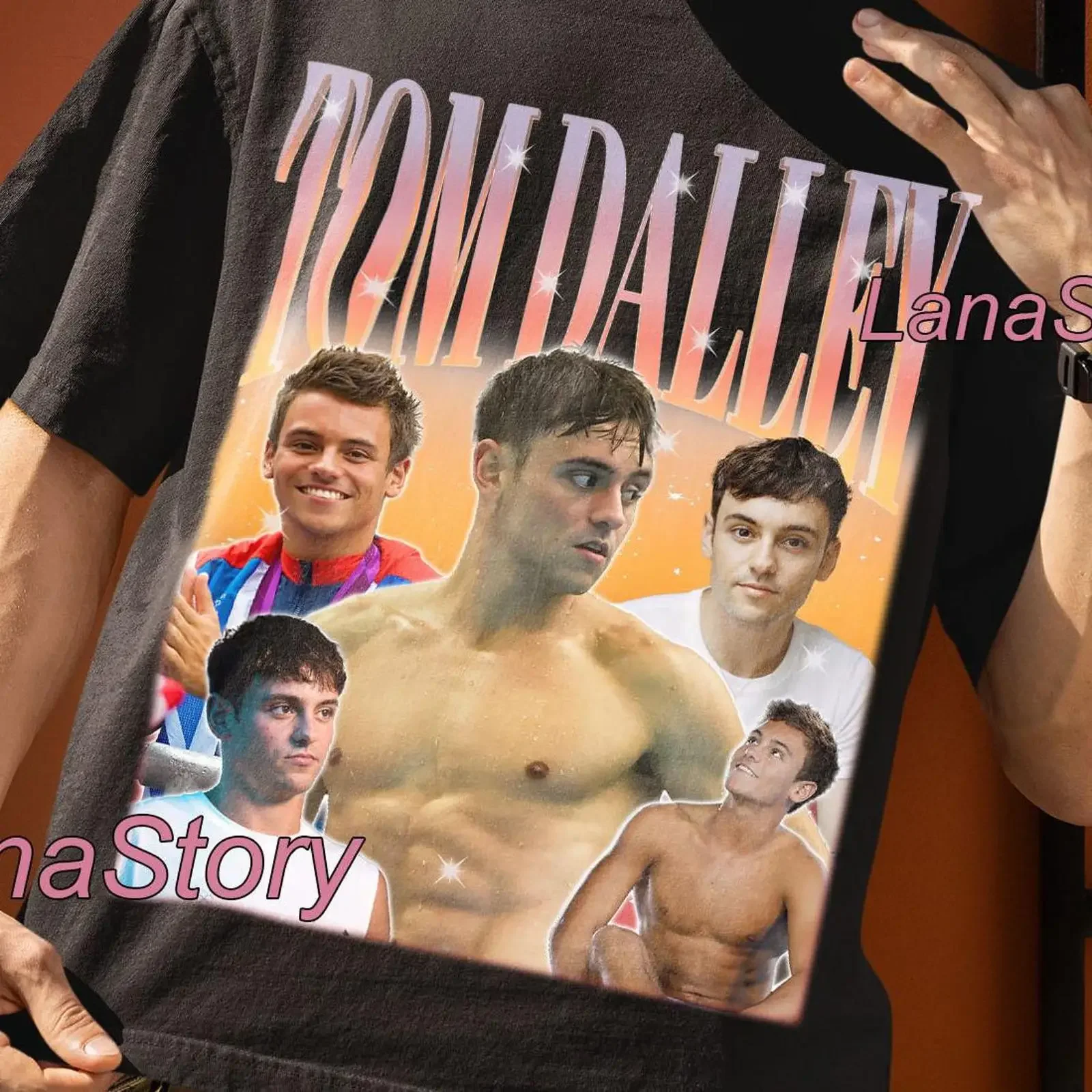Tom Daley Retro T Shirt Black Crew Neck  vintage Washed Top For Everyday Wear fashion graphic Versatile designer clothes