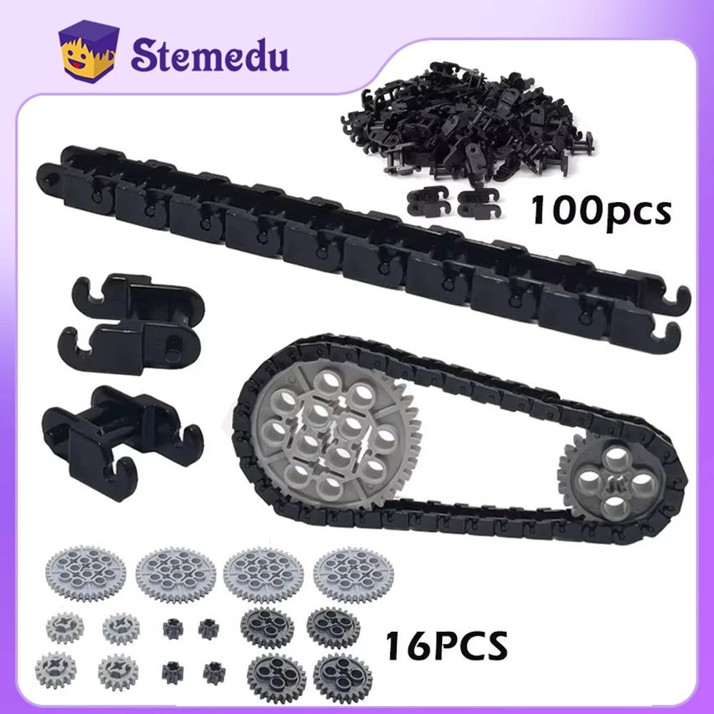 

100pcs Technical Gear Set Link Chain Bricks Gears Set Parts 3711 14696 10928 94925 3648 3649 for MOC Building Blocks Train Toys