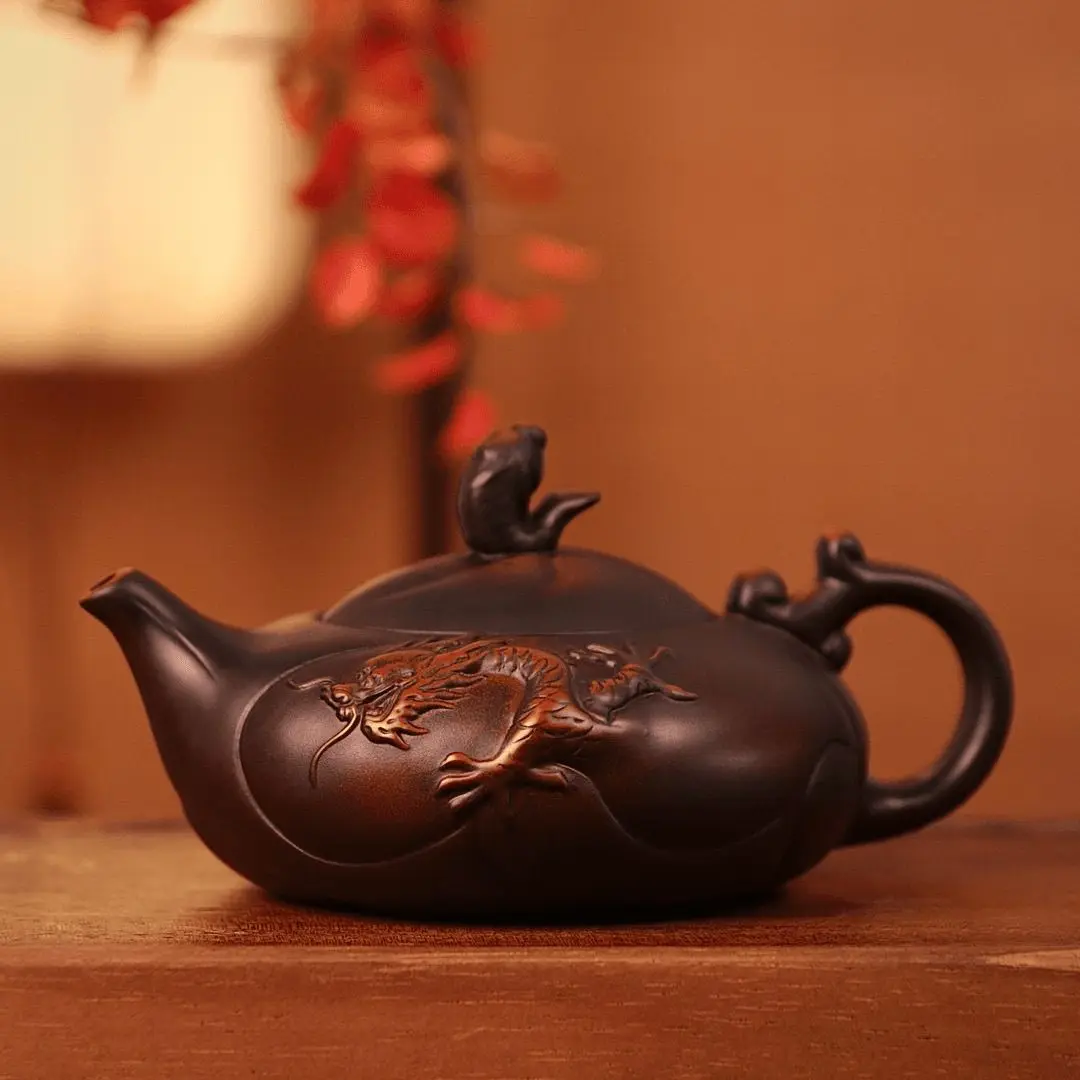 

260ml Purple Clay Dragon and Phoenix Teapot Large Capacity Handmade Tea Pot Home Use Retro High-end Tea Brewing Pot