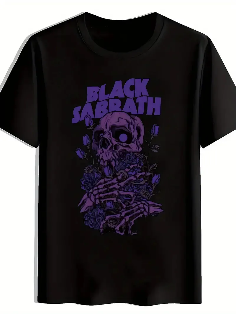 

Men'S Black T-Shirt with Purple Skull & Roses Graphic - ' ' Band Design, Casual