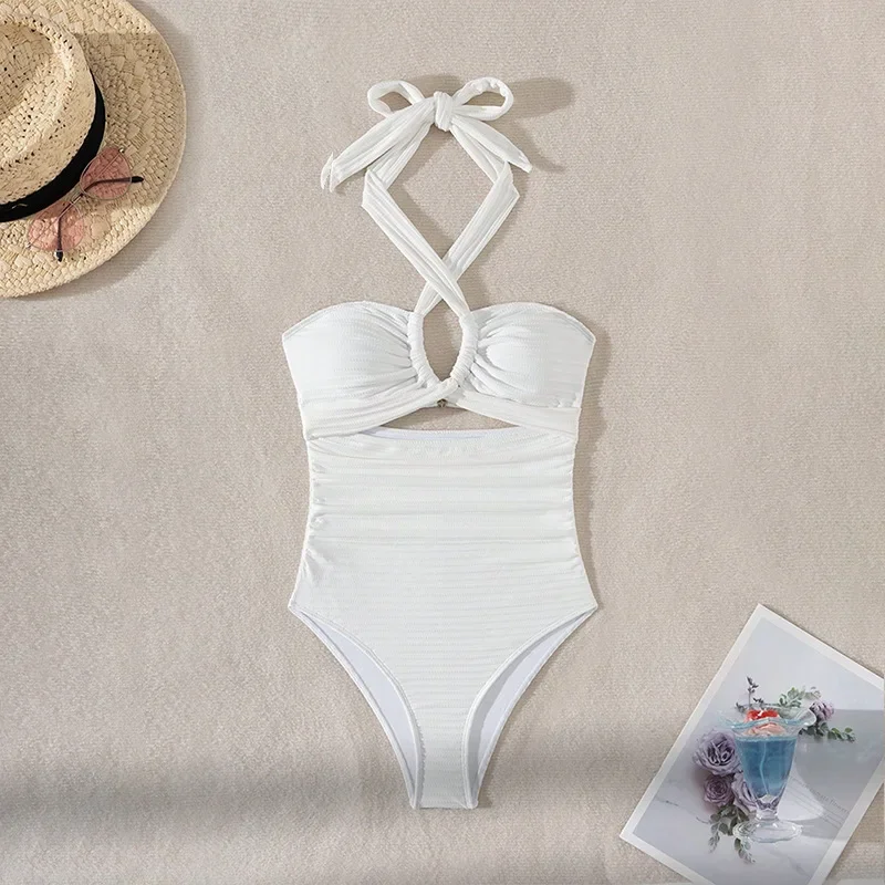 

Sexy White Bandge Halter Swimsuit One Piece Front Cross Hollow Bikinis Swimwear Bodysuits Women Biquini Bathing Suits Tankini