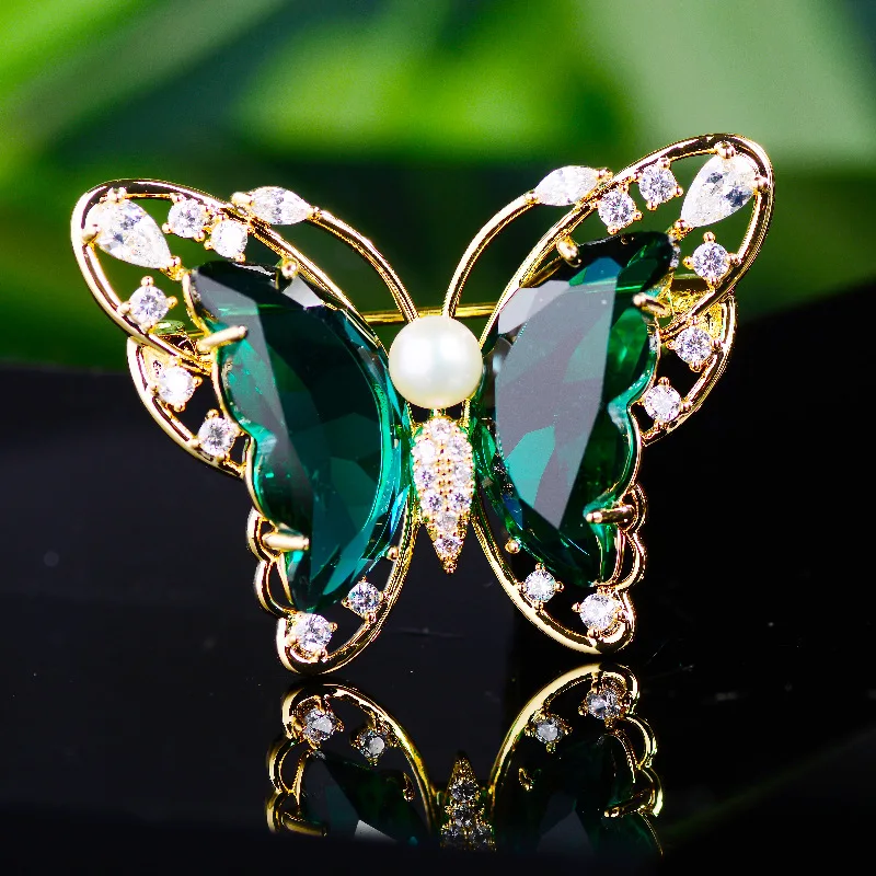 Chinese Style Lucky Auspicious Green Crystal Butterfly Brooch Golden Freshwater Pearl Zircon Jewelry For Women Suit Sweater Coat