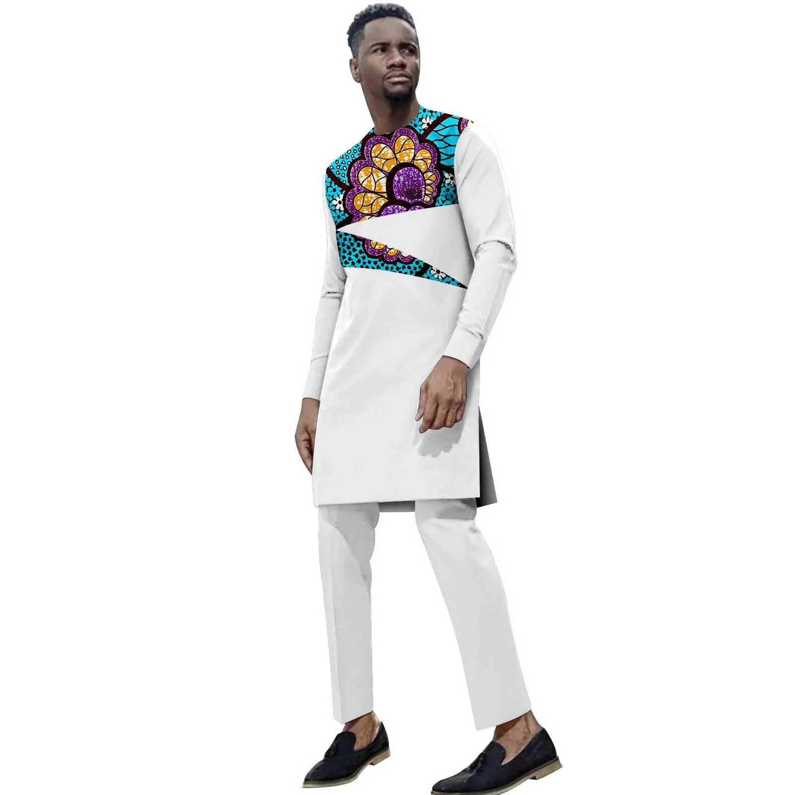 White Kaftan Men's Suit Embroidery Floral Top Pants Kaunda Suit African Casual Outfits Wear Traditional 2PCS Set Wedding Tuxedo