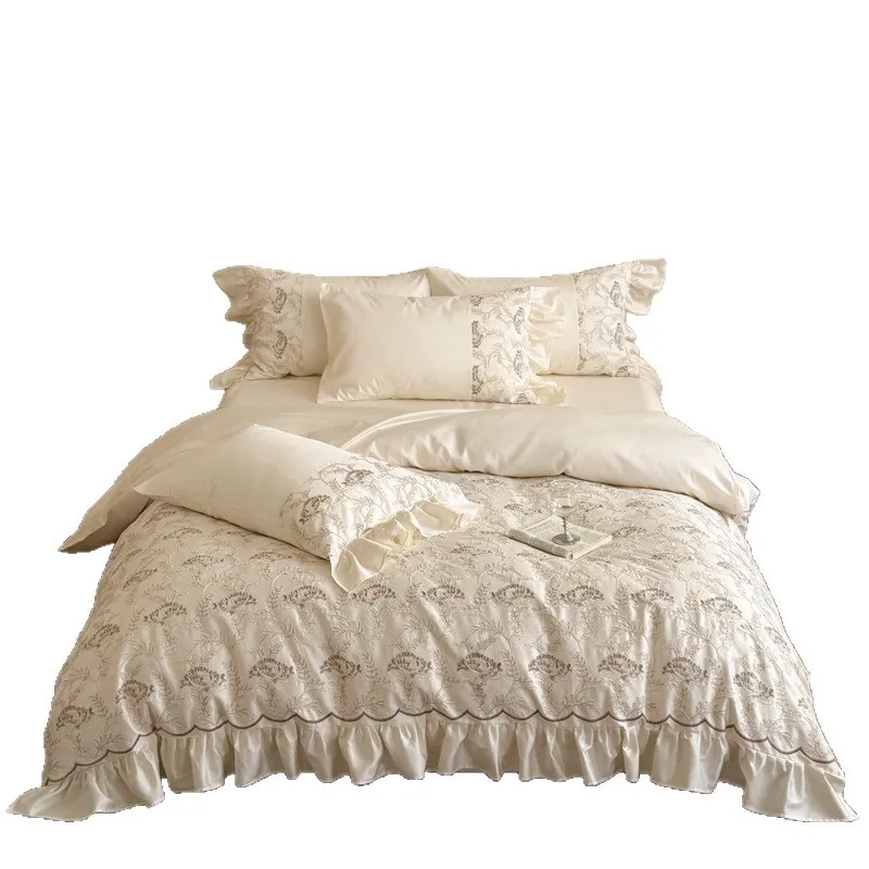 French light luxury chrysanthemum embroidery lotus leaf lace 50 double-strand long-staple cotton girl's heart bedding four-piece