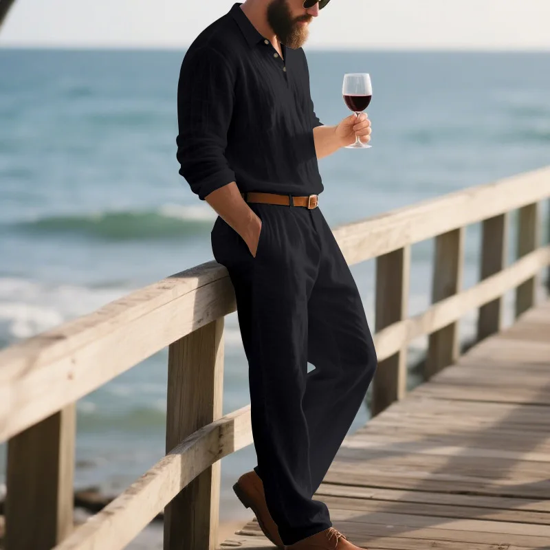 Spring and Autumn New American Style New Loose Linen Light Mature Casual Men's POLO Long-sleeved Suit