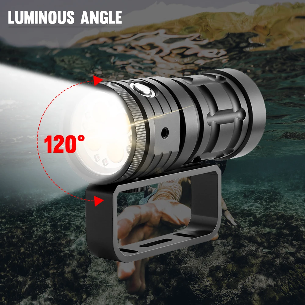 Asafee 100M Deep Diving Underwater Flashlight 120 Degree Luminous Fill Light Rechargeable Waterproof Lamp Dual Switch 3 Mode