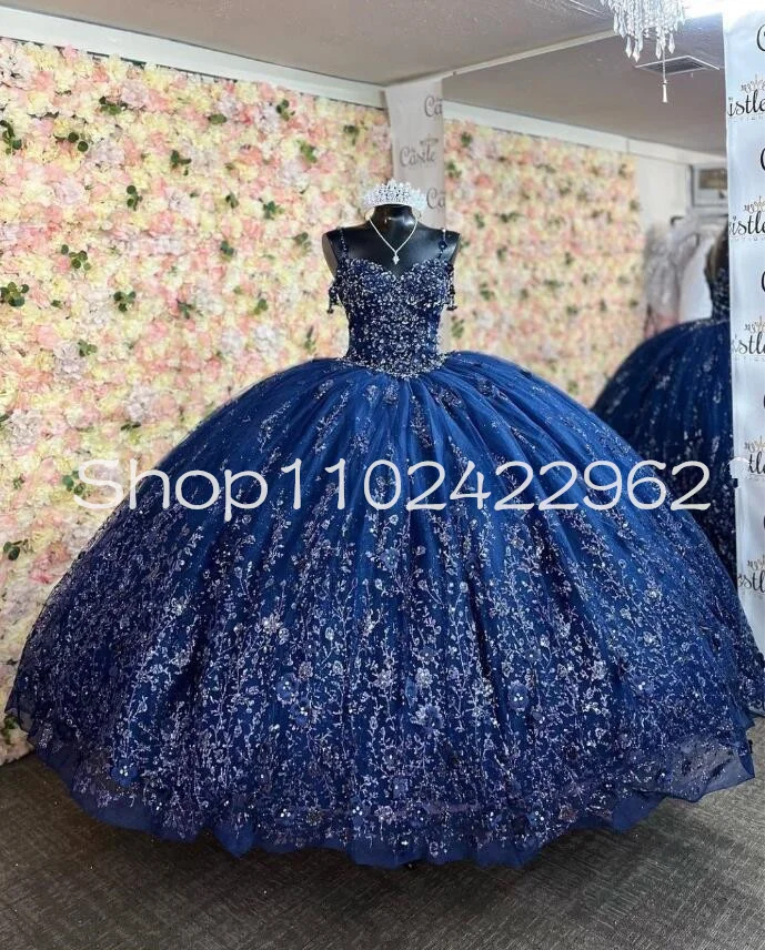 Navy Blue Luxury Quinceanera Dresses Off Shoulder 3D Floral Gillter Lace Applique Corset Puffy Skirt vestido de 15 años