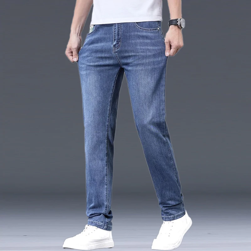 

Модные мужские летние облегающие джинсы прямого кроя с эластичной тканью, молодежные, комфортные, для повседневной носки, черные, серые, джинсовые брюки