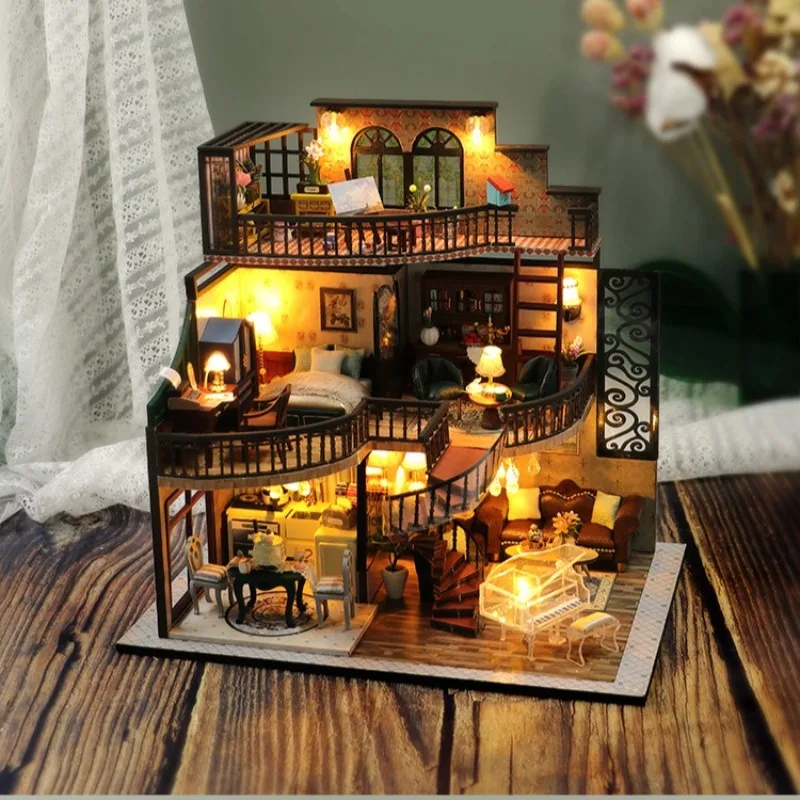 

Набор для сборки винтажного двухэтажного кукольного домика-лофт, миниатюрная модель для самостоятельной сборки, игрушка-головоломка ручной работы для декора дома и в подарок