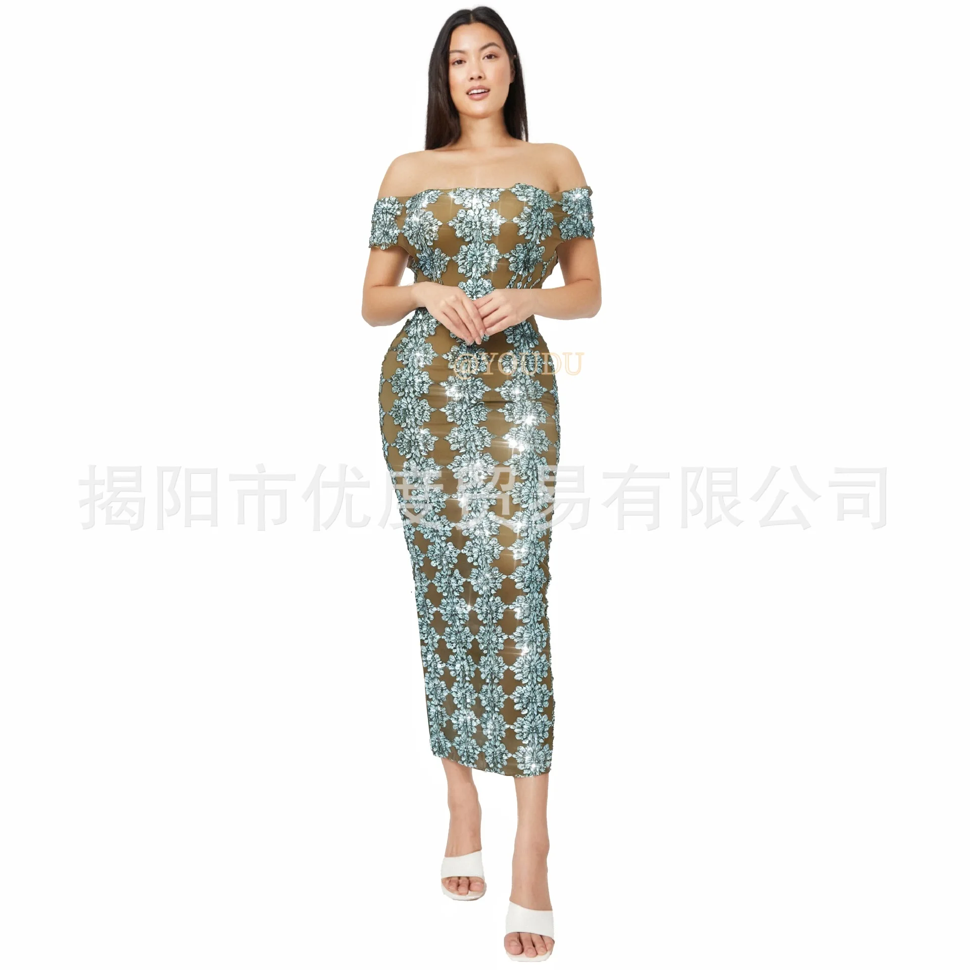 

Sexy Shoulder Rhinestone Mesh Dress Bar Gala Party Night Performance Dress Mooncake Vestidos Festas E Eventos Vestidos De Fiesta