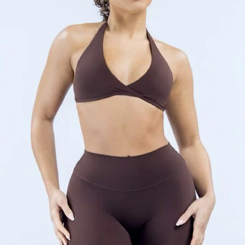 Gym Top Women Halter Neck Sports Bra Front Cross V‑Neck Padded Yoga Bra Soft High Elastic Breathable Workout Athletic Crop Top