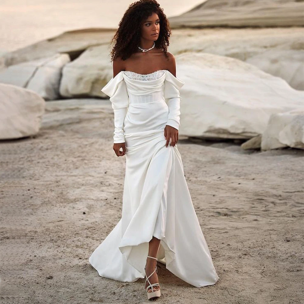 

Modern Off the Shoulder Wedding Dress Mermaid Floor Length Bride with Applique Sexy Backless Long Sleeve Customized Gowns