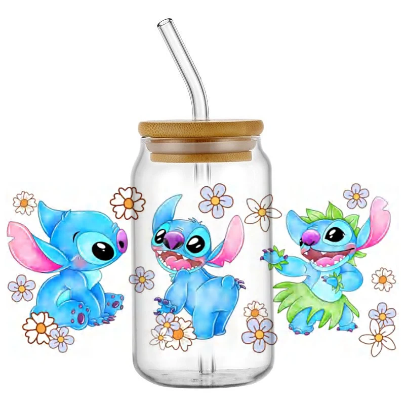 Miniso New Design Cartoon Stitch Waterproof UV DTF Cup Mug Wraps Sticker DIY 3D Decal For 16oz Libbey Glass