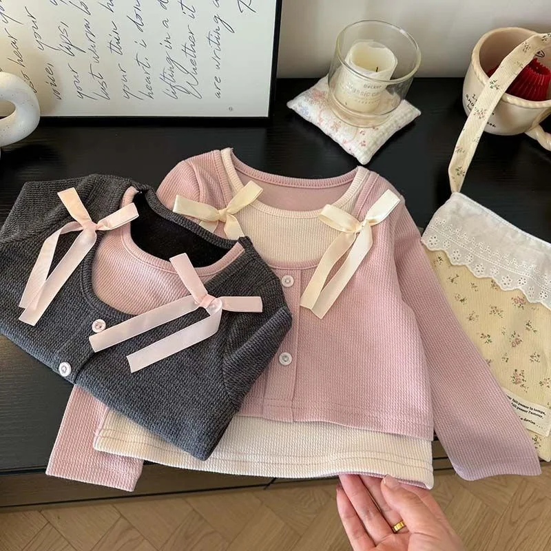 ربيع الخريف الفتيات تي شيرت طفل الأطفال الكورية الحلو القوس المرقعة محبوك طويلة الأكمام طفل الاطفال الملابس 2 إلى 10 سنوات