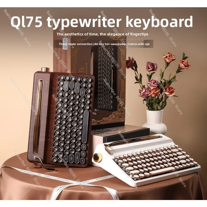 QL75 Mechanical Keyboard Bluetooth Wireless 3 Mode RGB Hot Swap Retro Typewriter Creative Office Use