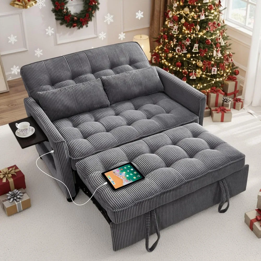 

Sleeper Sofa Bed, 55‘’ Convertible Pull Out Couch with Small Table USB Port Side Pockets Corduroy Fabric| Adjustable Backrest
