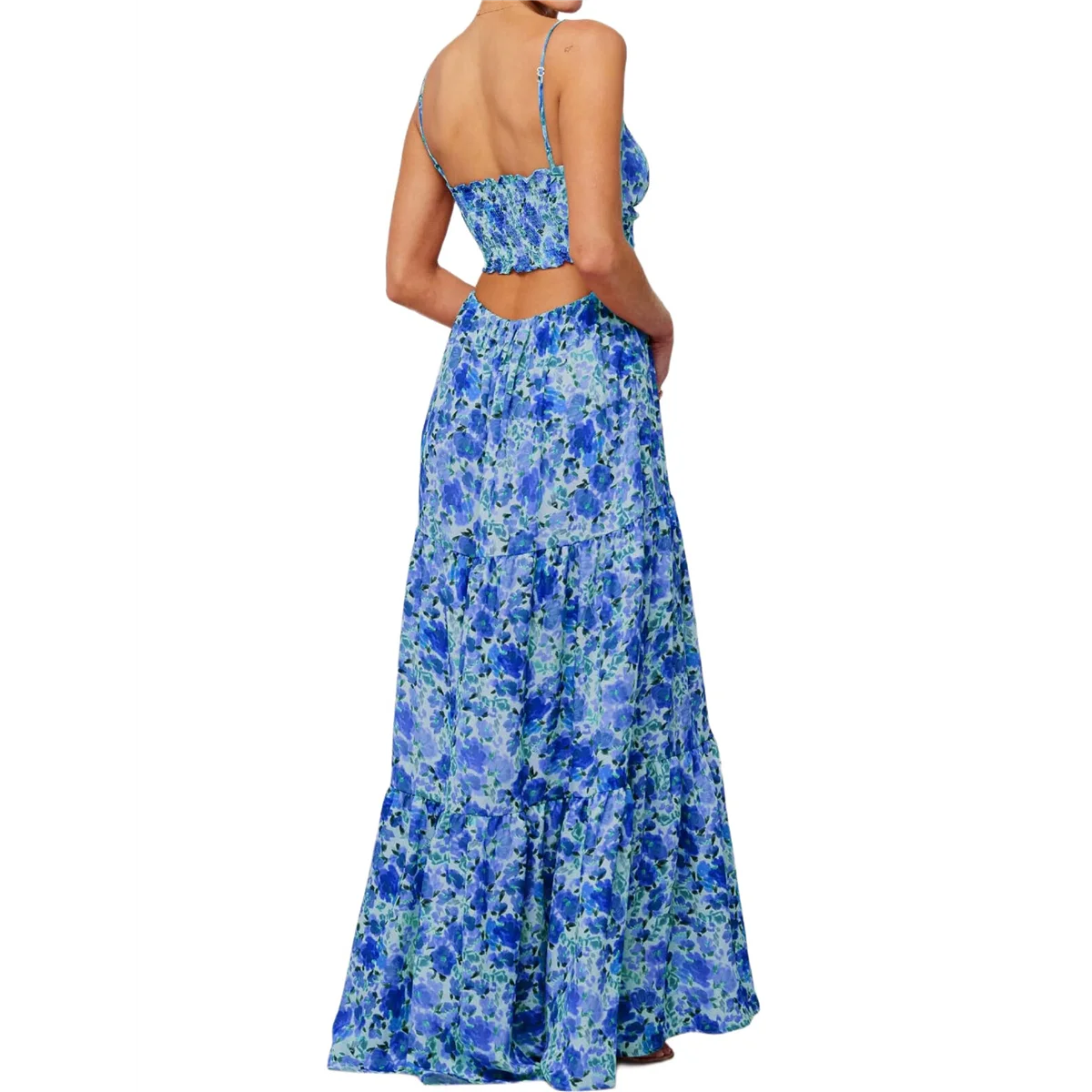 【】Abito estivo floreale da donna con spalline scavate con cravatta sul davanti Abito maxi Abito fluido smocked Bohemia