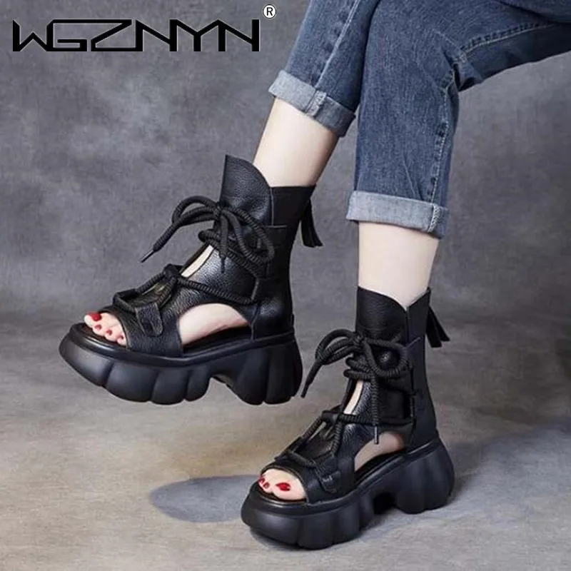 Genuine PU Leather Zip Retro Shoes Women Sandals 2024 New Ankle Boots Summer Handmade Hollow-out Lace-up Casual Platform Sandals