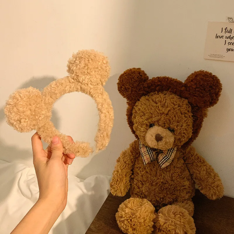 Brown Little Bear Ears Plush Face Wash Hair Band for Women facial mask Cartoon Girl Heart Band Hair Band for Autumn and Winter