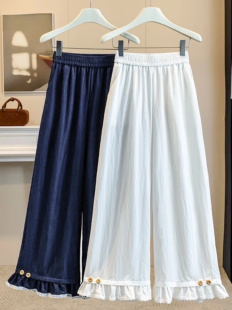 

Casual Straight Leg Wide Leg Pants Women's Summer Loose Comfortable Nine Points Lace Wood Ear Design Sensation Pants