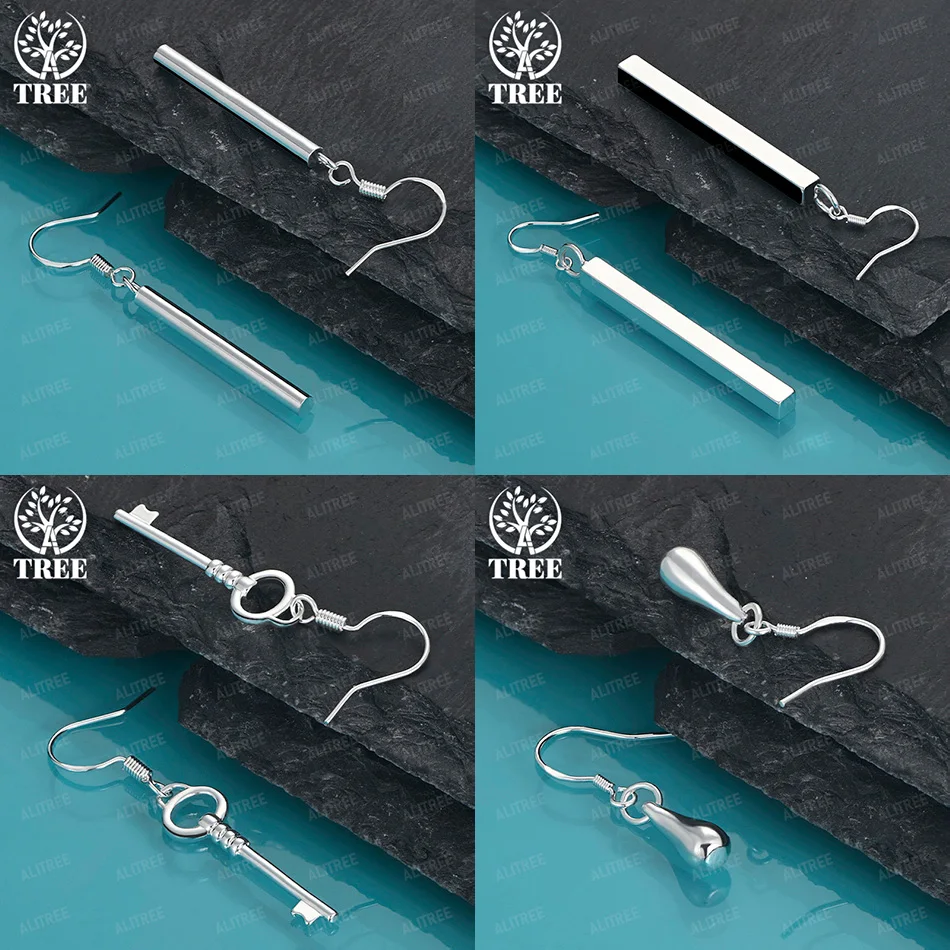 

Fashion 925 Sterling Silver Water Drop Key Round Square Drop Earrings Women Temperament Elegant Jewelry Wedding Birthday Party