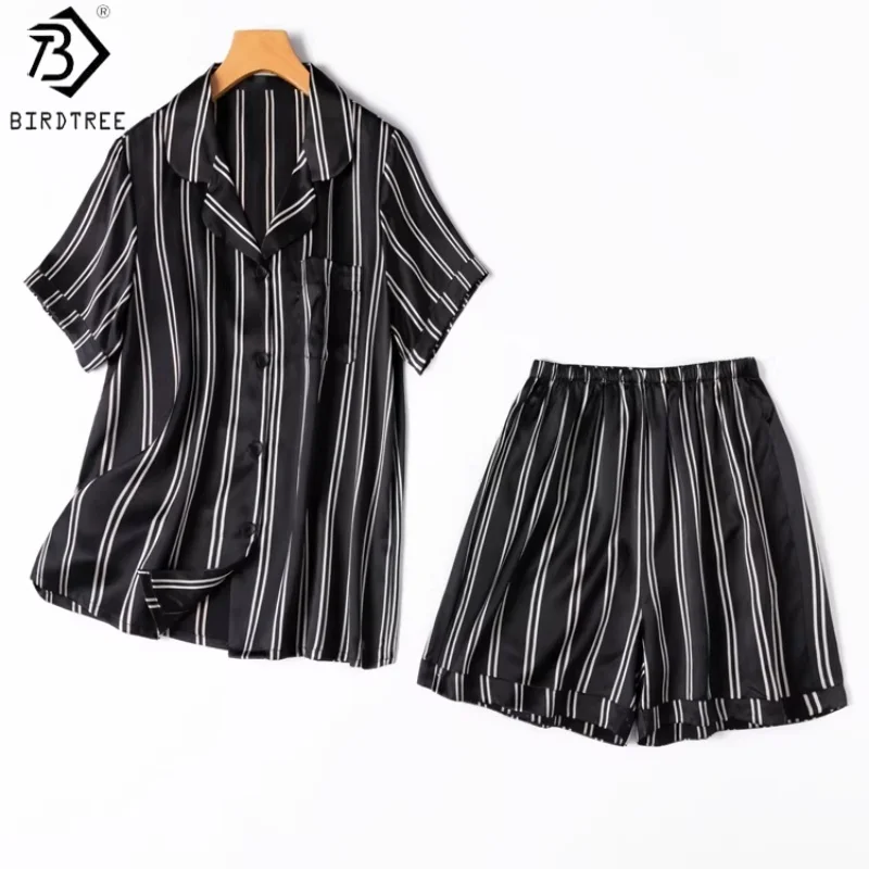 

BirdTree, 21MM 100% Silk Pajamas Set, Women's Plain Satin Shirt Shorts, Elegant Lapel Stripe Homewear, 2026 Spring New S64501JF
