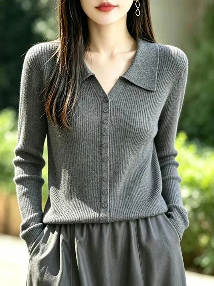 Elegant Knitted Single-Button Collar Open Cardigan Women's Base Layer Shirt Warm Minimalist High-End Feel All-Match Style