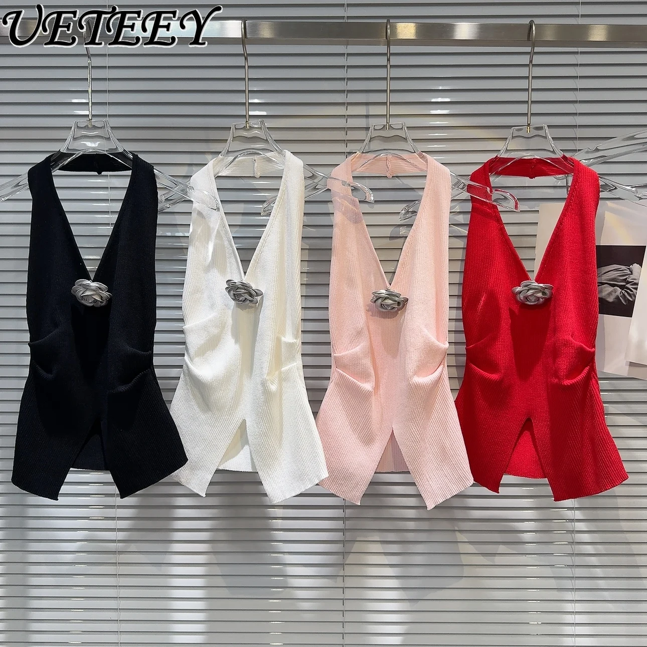 

Sexy Girls' Outer Vest 2024 Summer New Elegant Socialite Handmade Chest Flower Backless Knitted Halter Cotton Knitted Tank Tops