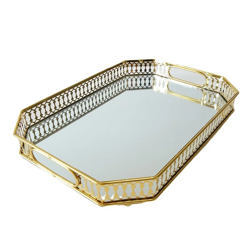 Light Luxury Glass Mirror Tray Metal Storage Living Room Coffee Table Water Cup Tea Tray Model Room Decoration Fruit Plate