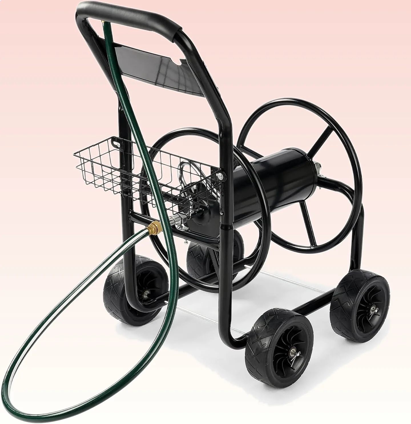 VINGLI 300FT 5/8in Garden Hose Reel Cart, 4-Wheel Portable with Storage Basket