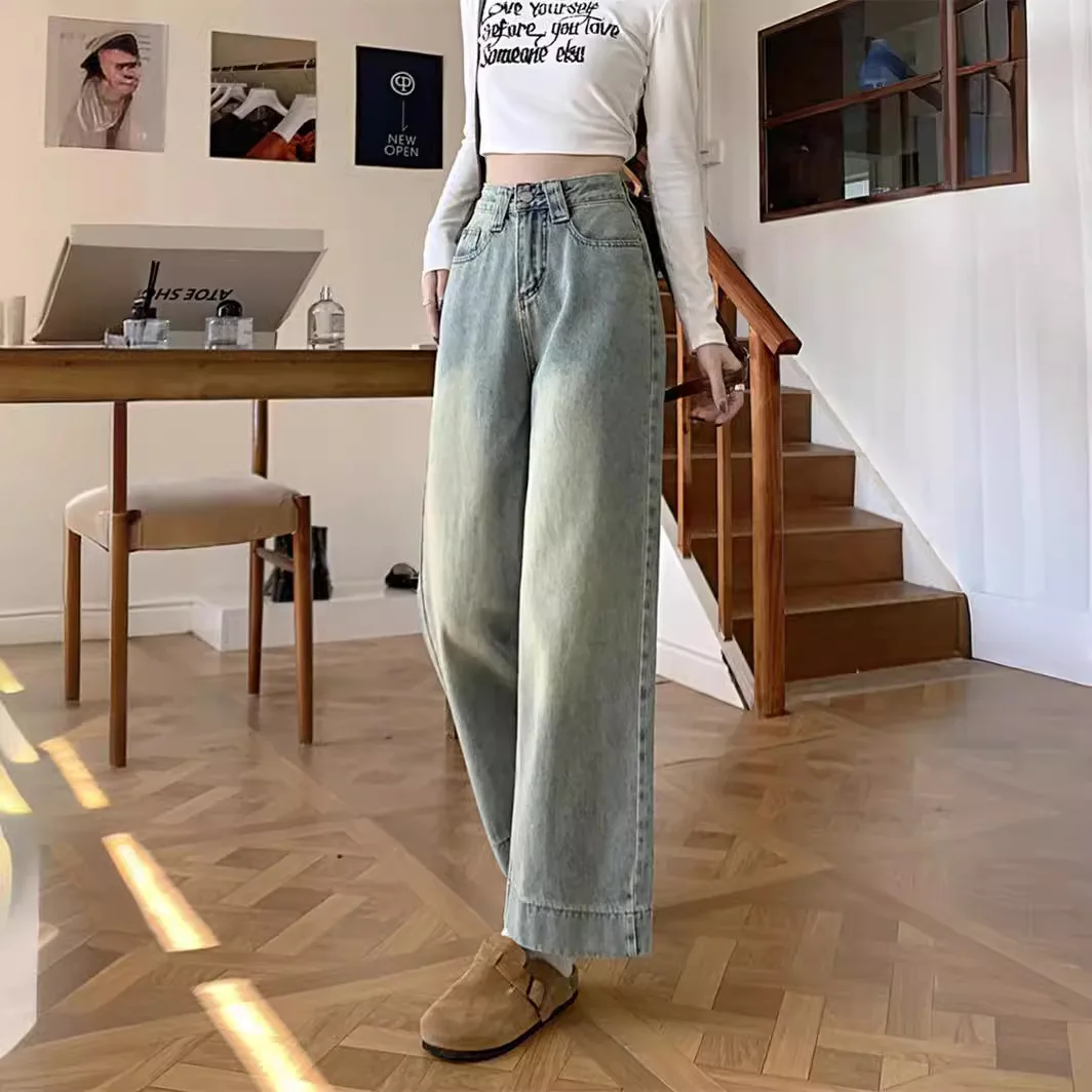 Ontwerp losse rechte broek met wijde pijpen dames lente Koreaanse versie buitenlandse stijl skinny hoge taille lichtblauwe jeans