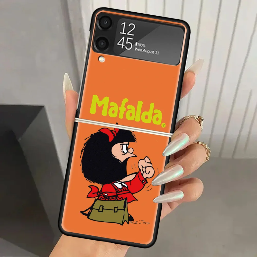 Mafalda Cartoon Hard PC Phone Case For Samsung Galaxy Z Flip 6 5 4 3 Black Cover ZFlip6 Flip5 Flip4 5G Foldable Print Cases