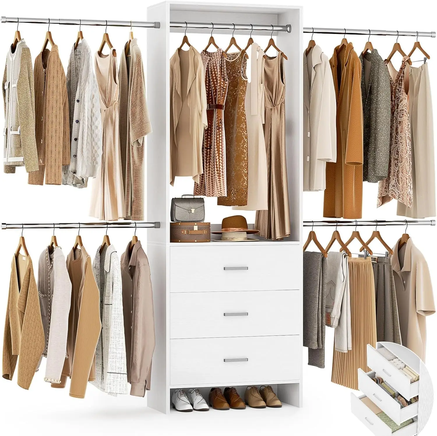 Closet System,  Organizer with 3 Wooden Drawers, Closet Organizer System, Walk-in  Wardrobe Clothes Rack with 4 Hang