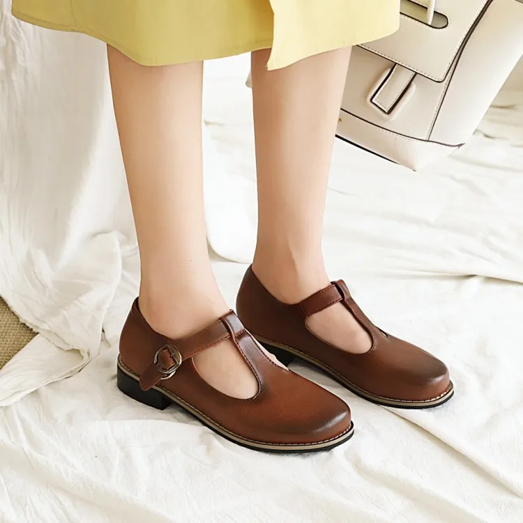 

Shoes Woman Flats Round Toe British Style Casual Female Sneakers Dress Preppy Retro PU Rubber Fabric Leisure Slip-On Mary Janes