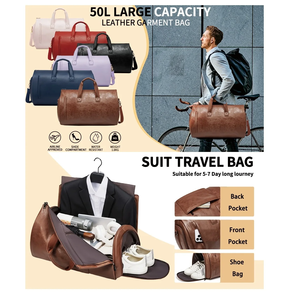 

Waterproof PU Leather Travel Bag with Shoe Pouch Convertible Garment Duffel Bag for Travel Large Capacity Luggage Handbag