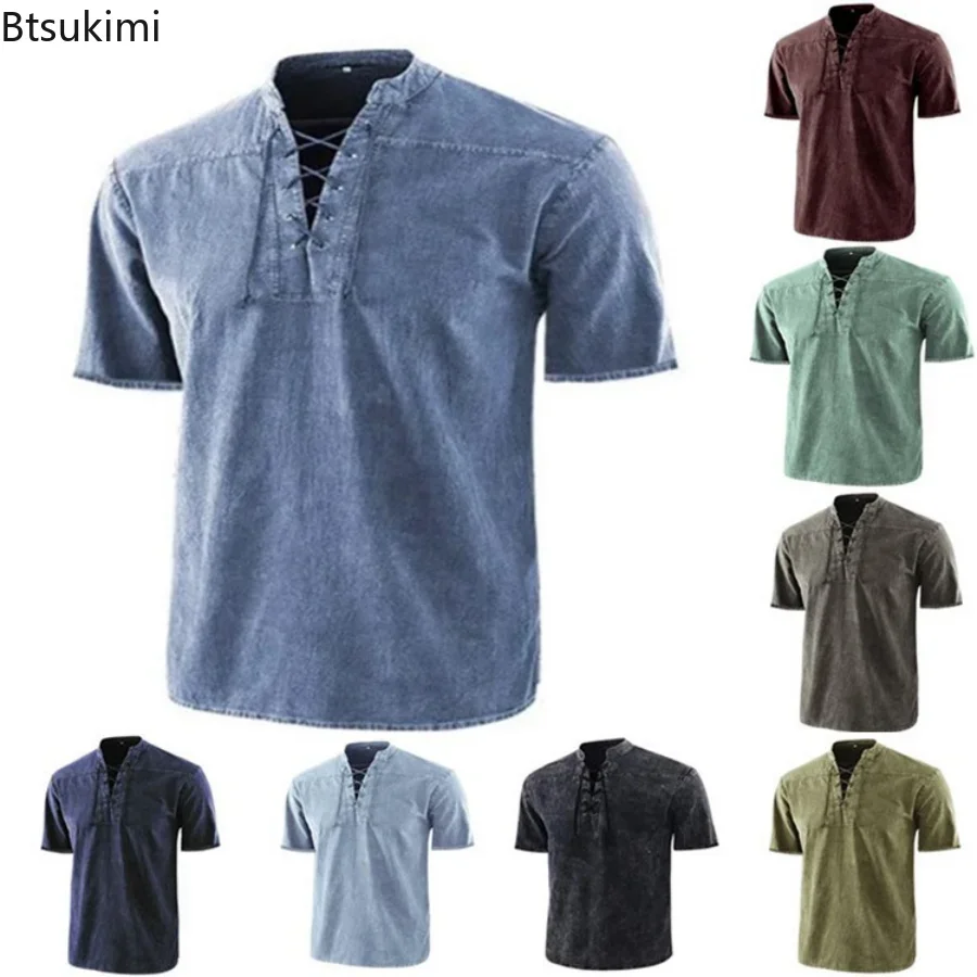 Summer T Shirt Men Stand Collar Front Lace Up Short Sleeve V Neck Slim T Shirt Streetwear for Daily Wear Casual Tops Tees S-5XL