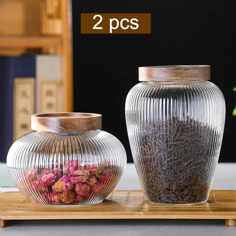 Wood Lid Glass Airtight Canister Kitchen Storage Bottles Jar Food Container Grains Pu\'er Tea Can Coffee Beans Candy Jars