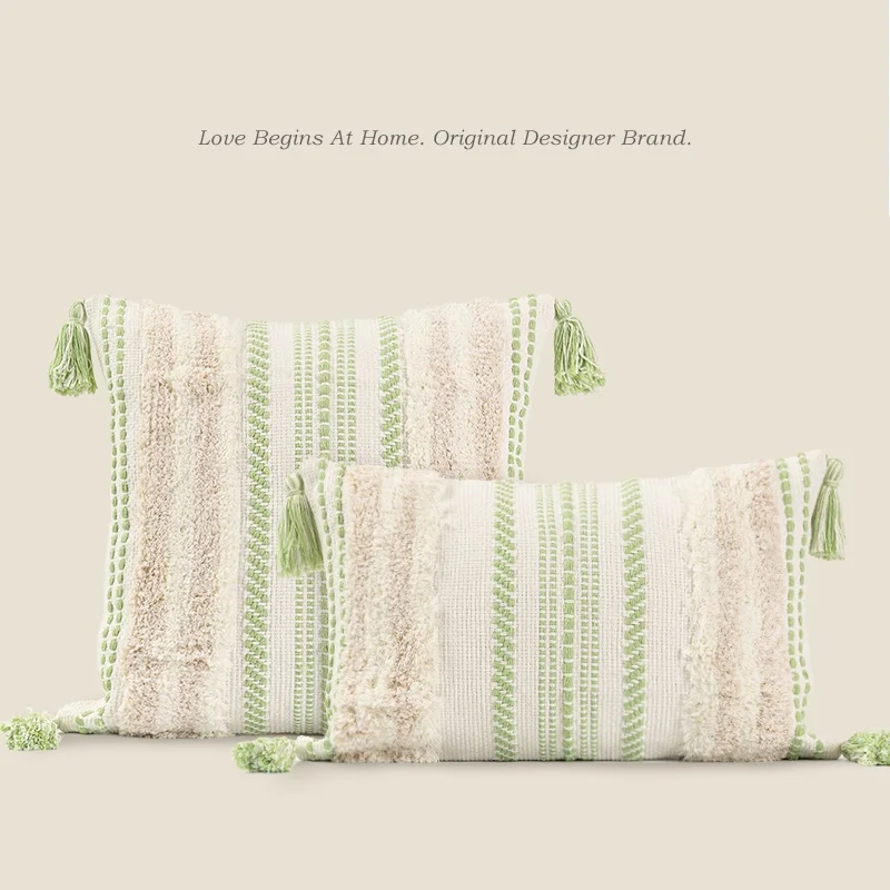 

INS Nordic fringed tufted throw pillow student bedroom cotton linen fresh green soft upholstered cushion