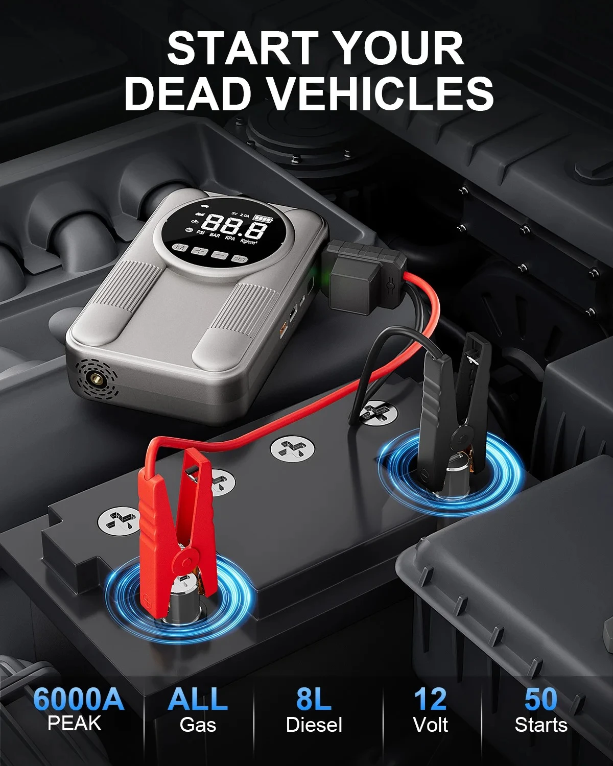 

6000A Peak Car Jump Starter with 150PSI Air Pump Tire Inflator 12V Car Battery Booster Portable Power Bank Emergency Tool