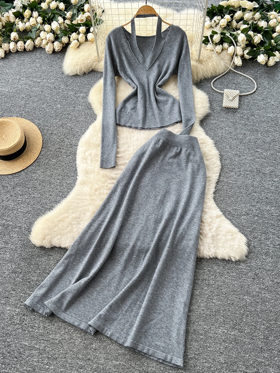 

Ele High Waist Knitted Long Sve Women's Set with ter Ne Top And Midi Skirt Autumn Winter Faion Ensemble