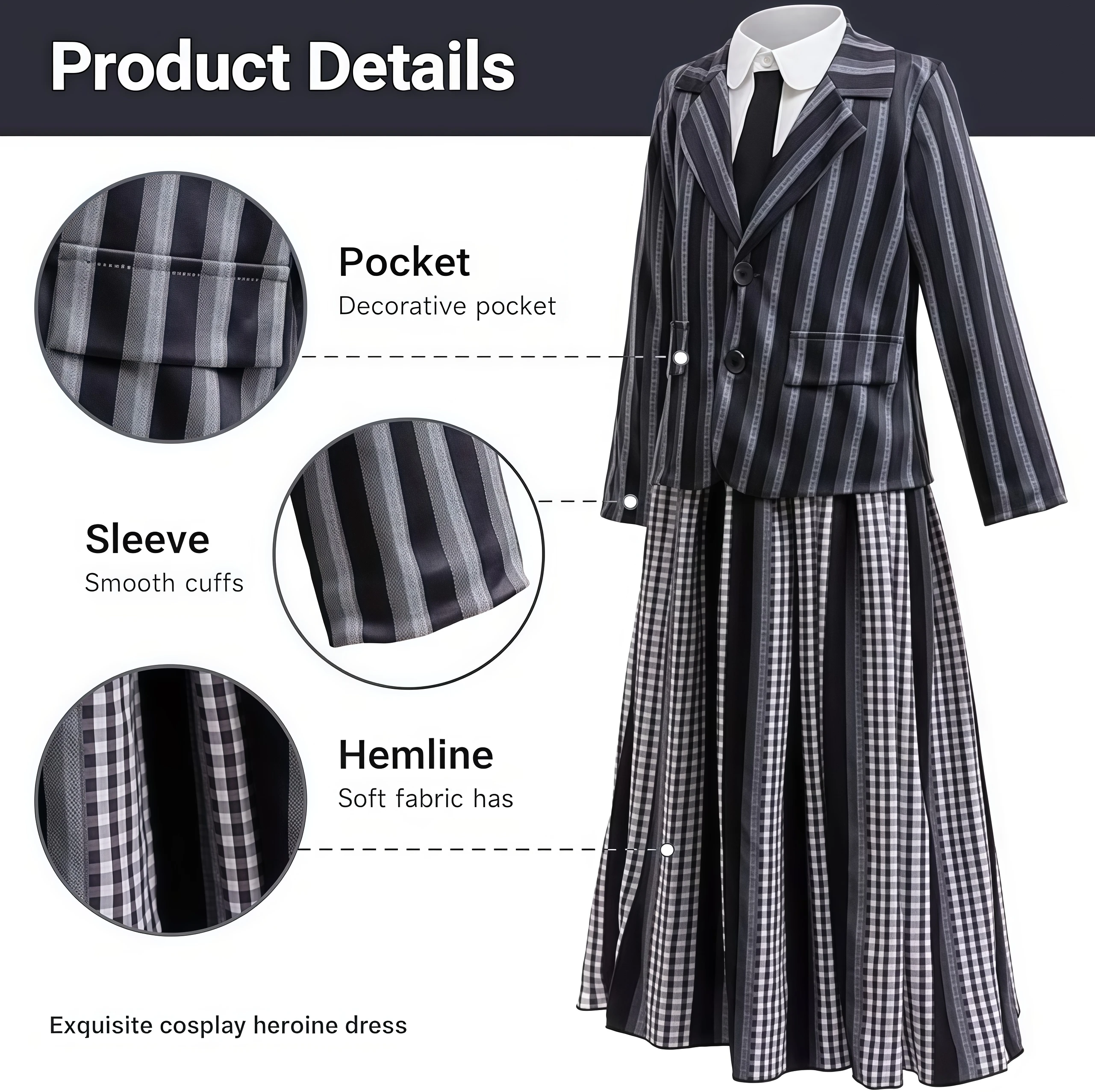 زي مدرسي للأطفال البنات أكاديمية زي تنكري أسود ورمادي فستان مخطط للعائلة الأربعاء والهالوين مجموعات حفلات أعياد الميلاد