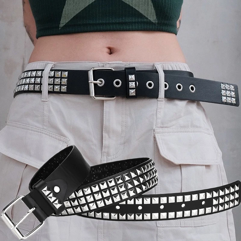 Fashion Women Punk Rivet Chain Belts Adjustable Black Rivets Grommet Metal Buckle Leather Belt for Men Waistband for Jeans