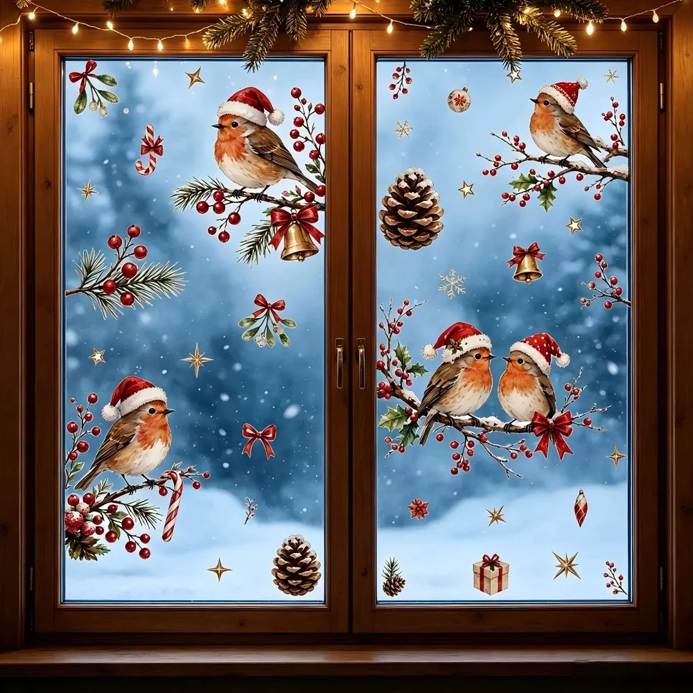 Cartoon-Ast-Vögel Weihnachtsdekoration Fenstersticker PVC Statische Aufkleber für Glastüren und Fenster Weihnachtsdeko