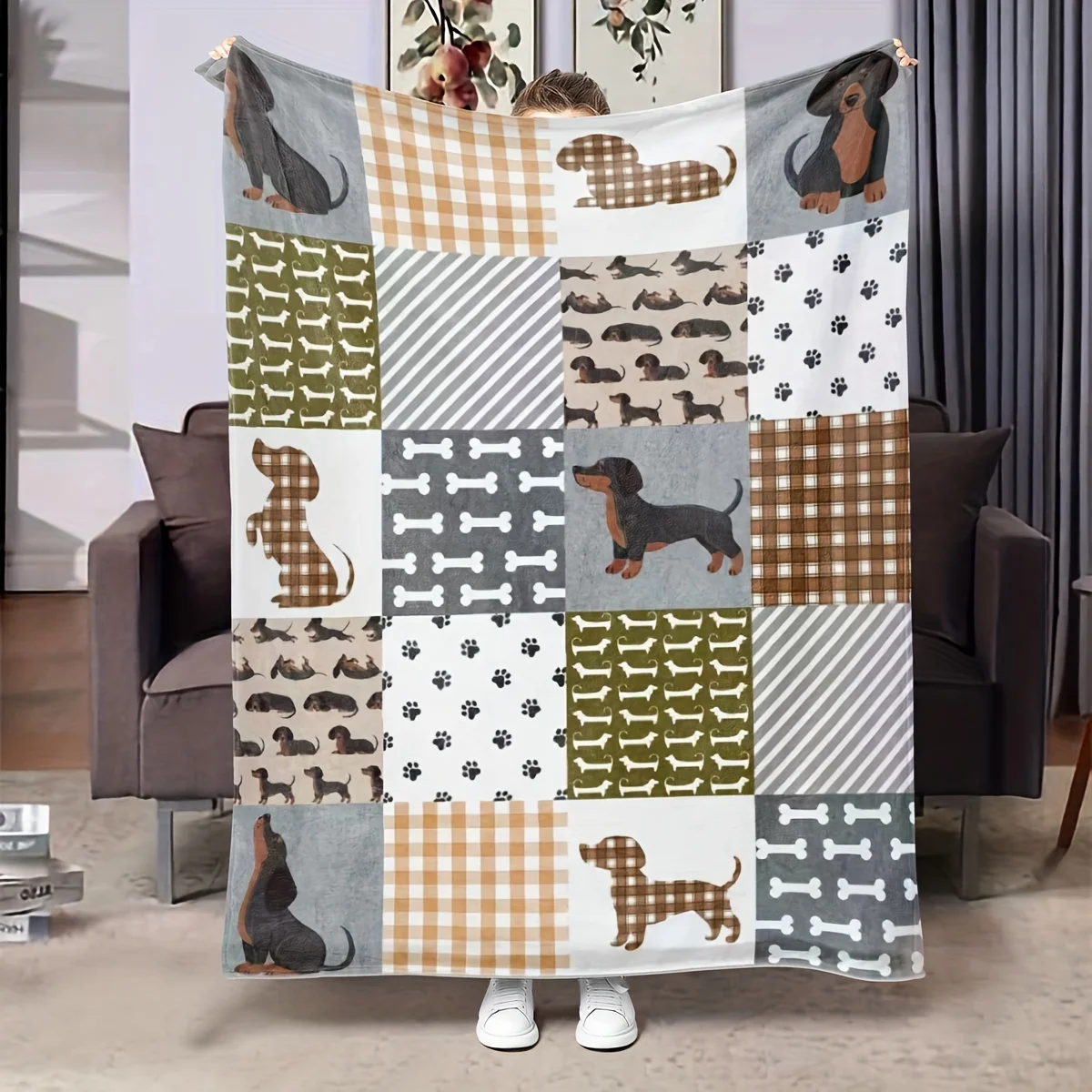 Schöne Tier-Flanelldecke mit Gitter-Hunde-Motiv für Kinderzimmer, Dekoration, warme, weiche, bequeme Decke für Sofa und Stuhl